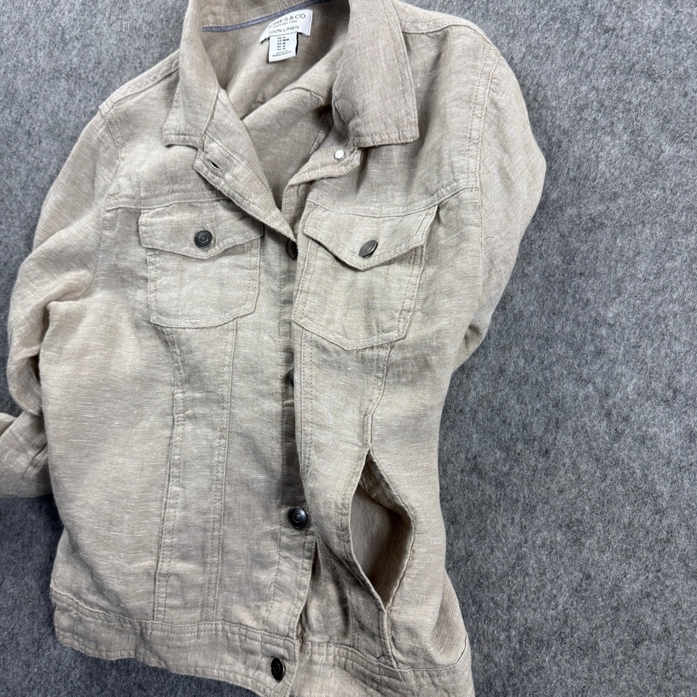 Jones & Co Jones New York Womens Trucker Jacket Medium 100% Linen Beige Oatmeal - Picture 13 of 13